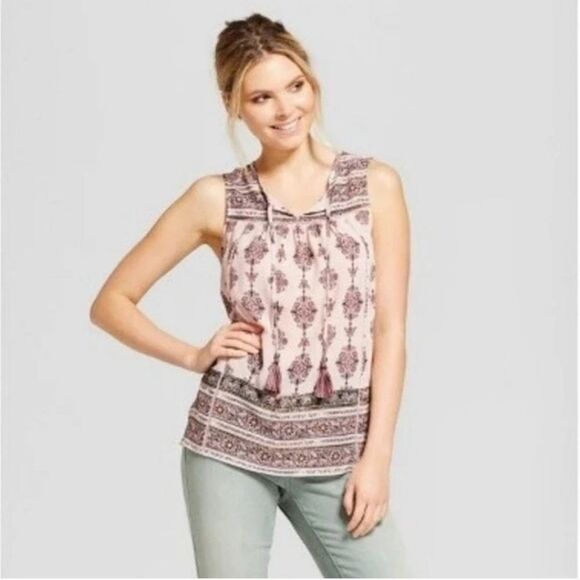 Knox Rose Tassel Tank  Women LG Mixed Border Print Flowy Boho Chic Cottagecore - Picture 1 of 6